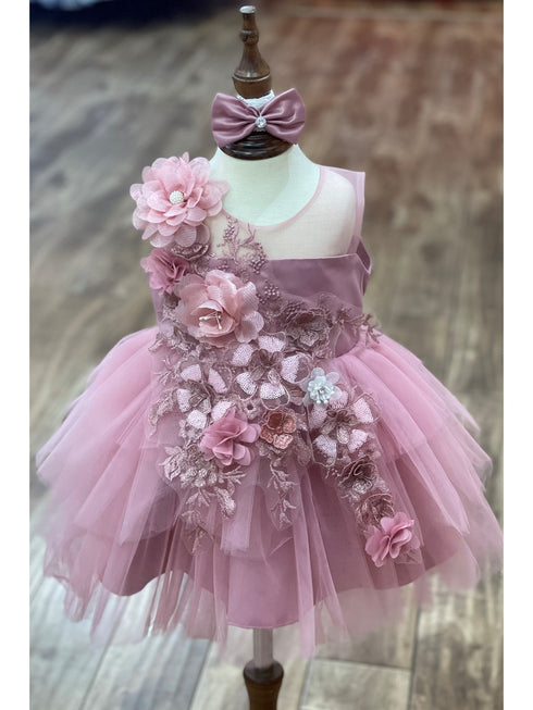 Baby Girls Lala & Erina Mauve Tulle Lace 3D Applique Flower Girl Dress 3-24M